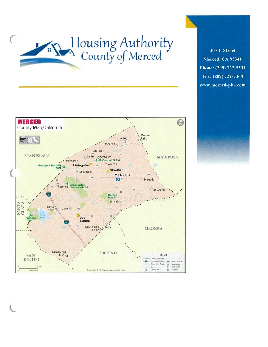 Map of Merced County, California showing the cities served by the Housing Authority